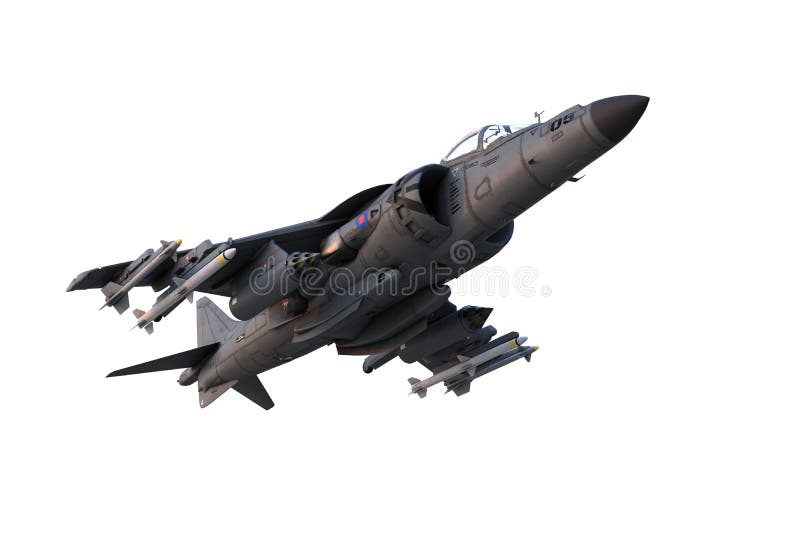 3D illustration of a grey military jet fighter aircraft armed with missiles in flight isolated on a white background