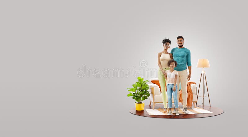 Unusual 3d illustration of a Happy african american family enjoying a new home.