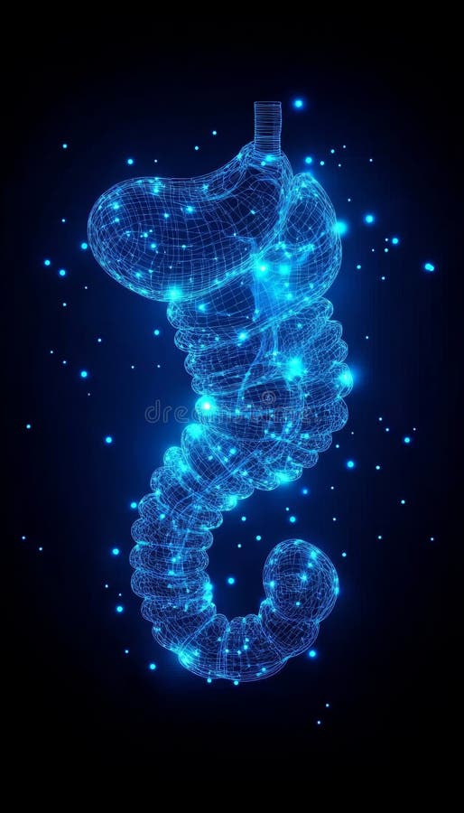 3D Illustration Of Human Digestive System Anatomy On Abstract Blue Background With Glowing Points royalty free illustration