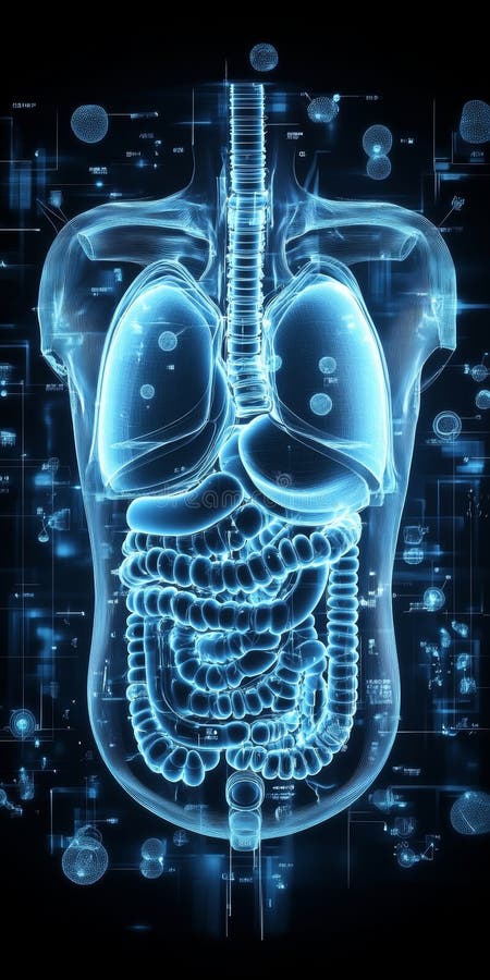 3D Illustration of Human Digestive System on Blue Background with Digital Data Analysis stock illustration
