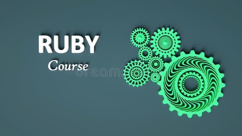 3d illustration of inscription Ruby course with composition of green interlocking gears on grey background. Ruby learning. Ruby royalty free illustration