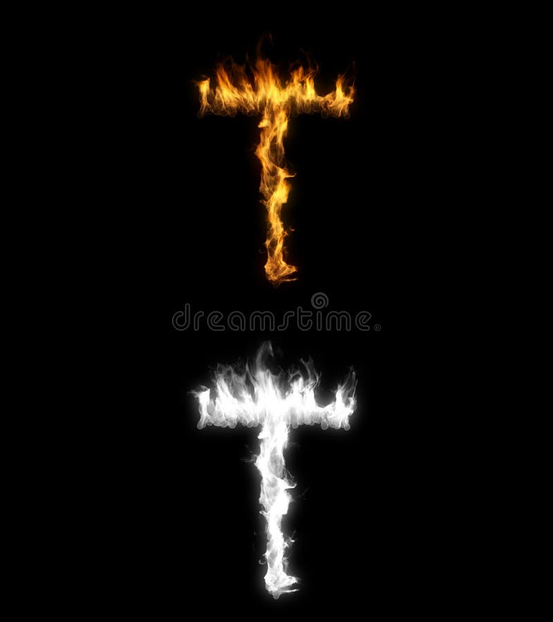 3D illustration of the letter t on fire on black background with alpha layer. 3D illustration of the letter t on fire on black background with alpha layer