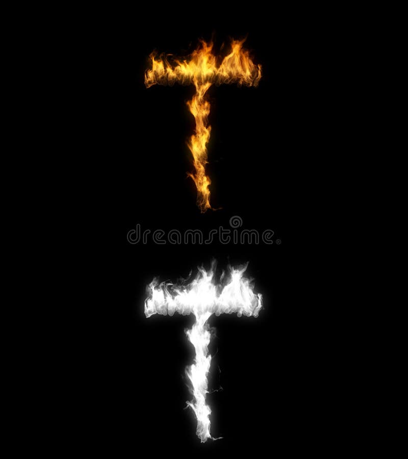 3D illustration of the letter t on fire on black background with alpha layer. 3D illustration of the letter t on fire on black background with alpha layer