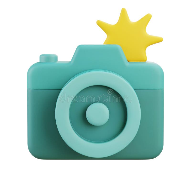 3D illustration of light blue camera with star flash design stock illustration