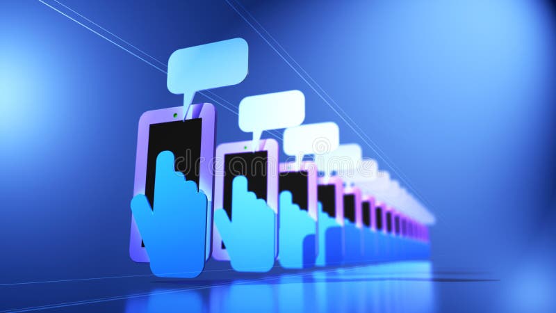 A 3D Illustration of a line array of mobile phones with hands and fingers texting stock illustration A 3D Illustration of a line array of mobile phones with hands and fingers texting stock illustration