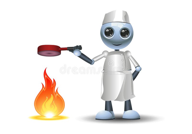 3D illustration of a little robot chef cooking holding pan on fire stock illustration.