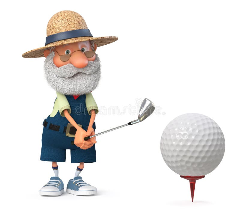 3D illustration grandfather peasant posing in overalls with a Golf club. 3D illustration grandfather peasant posing in overalls with a Golf club