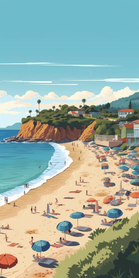 2d Illustration Of Malibu Beach Scene stock illustration