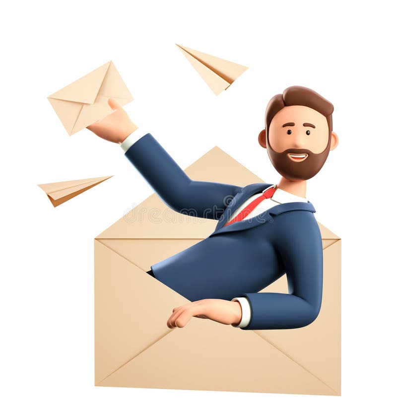 3D illustration of man in a huge postal envelope holding a mail letter. Flying paper airplanes and smiling businessman.