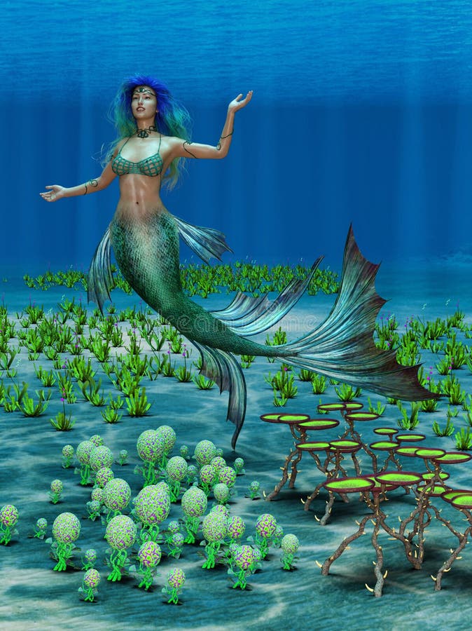 3D Illustration of a mermaid swimming along a vast range of sea plants