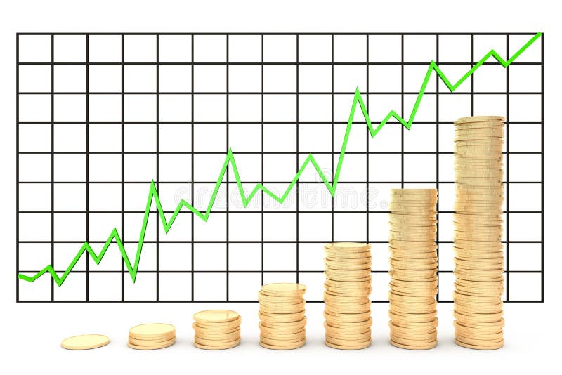 3d illustration: Metal copper-gold coins graph chart stock market with green line - arrow on a white background isolated. Profit