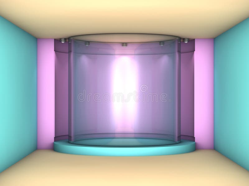 3d illustration of minimalism empty pink niche and podium with spotlights for exhibit in blue interior