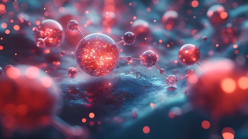 3D illustration of molecular modeling with glowing atoms and particles, showcasing vibrant and dynamic scientific concept. image stock illustration