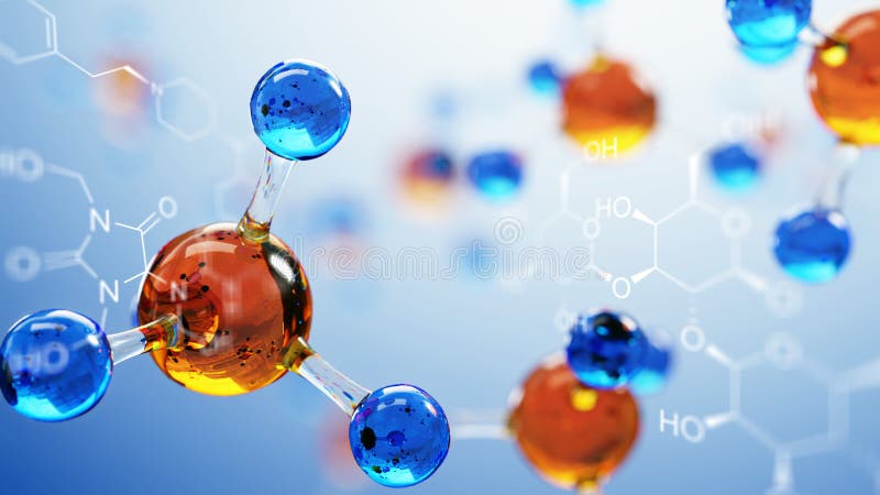 3d illustration of molecule model. Science background with molecules chemical formulas. Oxygen molecule blue illustrations