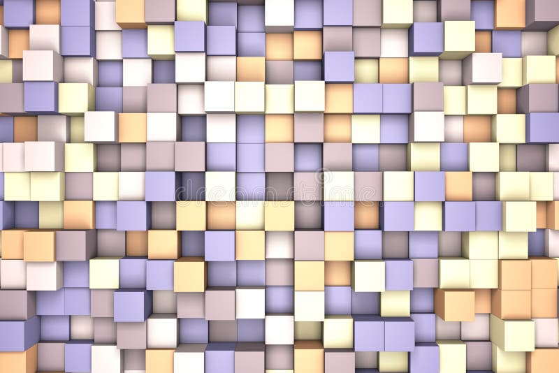 3d illustration: mosaic abstract background, colored blocks purple - violet - brown - beige color. Range of shades. Wall of cubes. Pixels art.