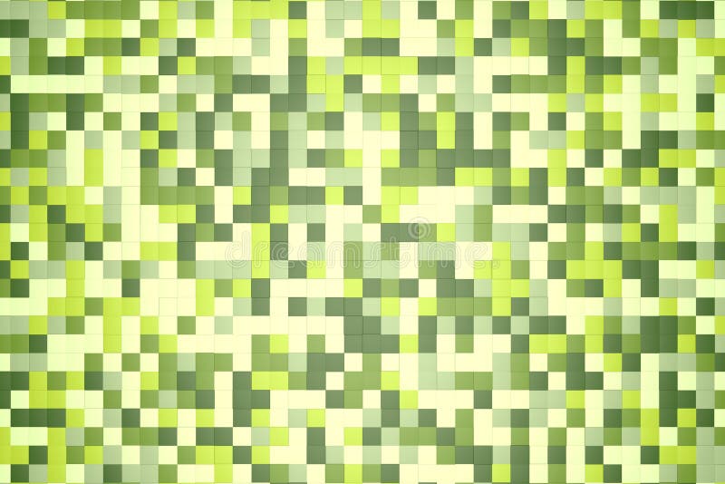 3d illustration: mosaic abstract background, colored blocks white, light and dark green, verdant, leafy, emerald color. Spring, Summer. Range of shades. small squares, cell. Wall of cubes. Pixels art.