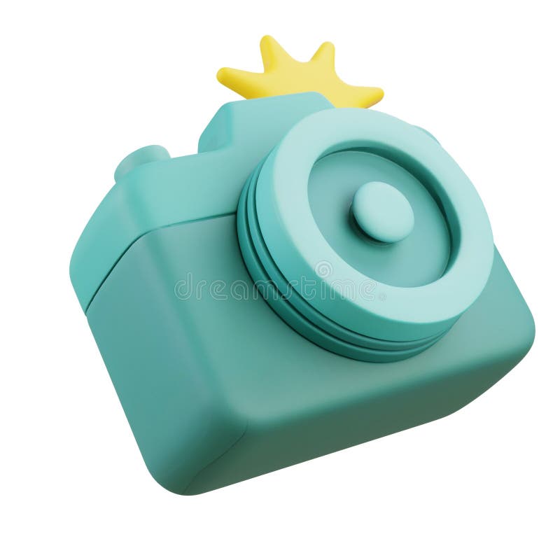 3D illustration of pastel blue camera tilted angle with flash stock illustration