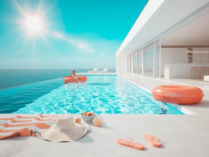 3D-Illustration piscine de luxe moderne d'infini avec des accessoires d'?t? illustration libre de droits 3D-Illustration piscine de luxe moderne d'infini avec des accessoires d'?t? illustration libre de droits