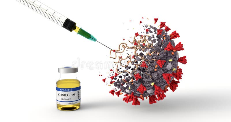 Realistic 3D Illustration of COVID-19 Vaccine. Corona Virus SARS CoV 2, 2019 nCoV virus destruction.  A vaccin against coronavirus