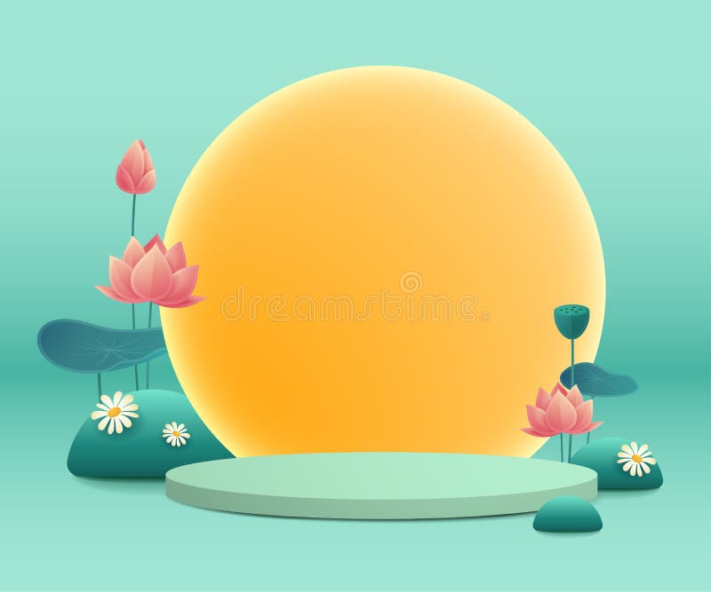 3D illustration of podium stage scene with paper graphic style of lotus lily pond and round blank card. Mid Autumn Mooncake