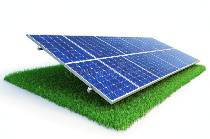 A 3d illustration presents a modern solar panel standing independently on a metal stand, offset by a transparent background for royalty free illustration