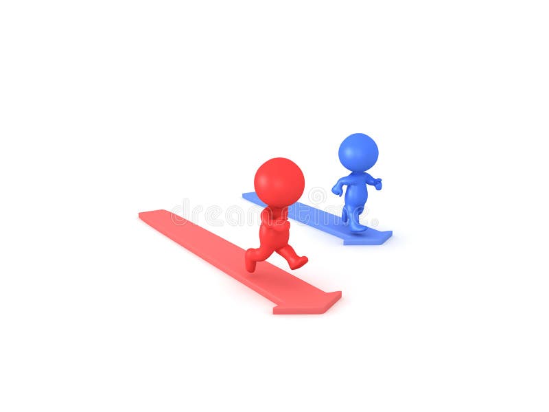 3D illustration of red and blue characters running on arrows vector illustration