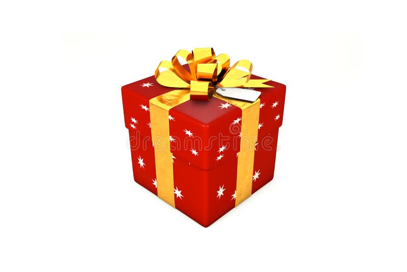 3d illustration: Red-scarlet gift box with star, golden metal ribbon / bow and tag on a white background isolated. stock illustration 3d illustration: Red-scarlet gift box with star, golden metal ribbon / bow and tag on a white background isolated. stock illustration