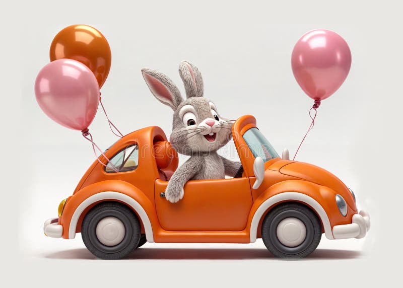 3d illustration render of a cute adorable cartoon character rabbit driving a car with balloons around it royalty free illustration