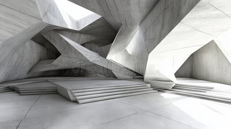 A 3D illustration and rendering of an abstract interior public space with concrete and wood elements, featuring multiple royalty free illustration