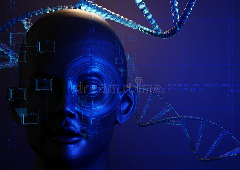 3d illustration rendering, ai robot head bionic face with data internet network, deep learning vector illustration