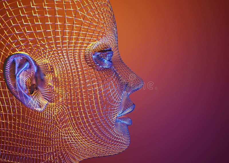 3d illustration rendering, ai robot head bionic face with data internet network, deep learning vector illustration