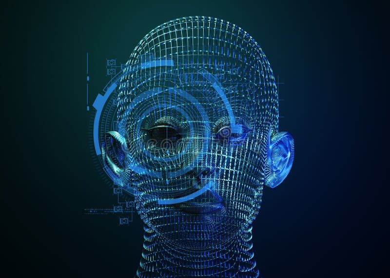 3d illustration rendering, ai robot head bionic face with data internet network, deep learning system technology machine