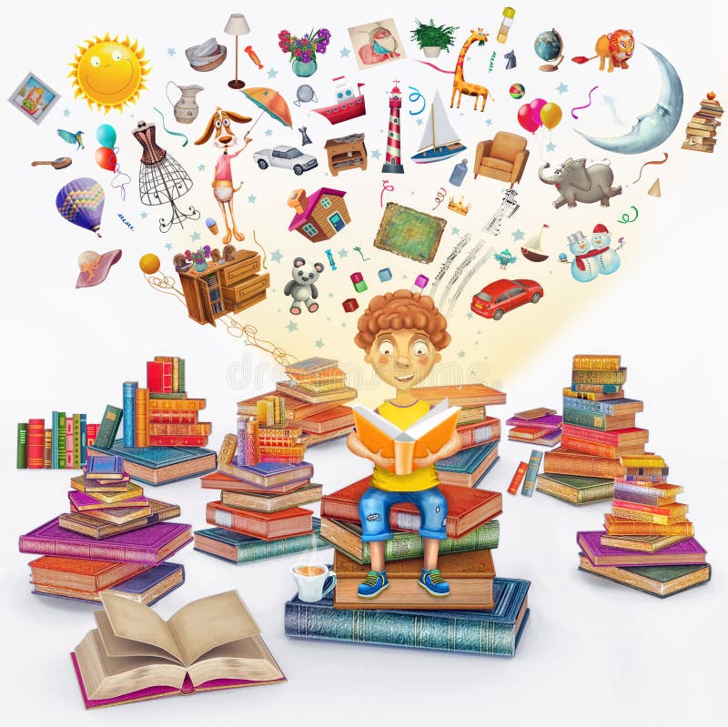 Illustration rendering of little young ginger boy reading a book vector illustration.