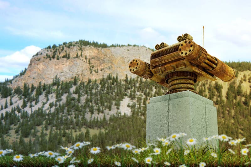 Rusty robot sentinel into the wild stock illustration