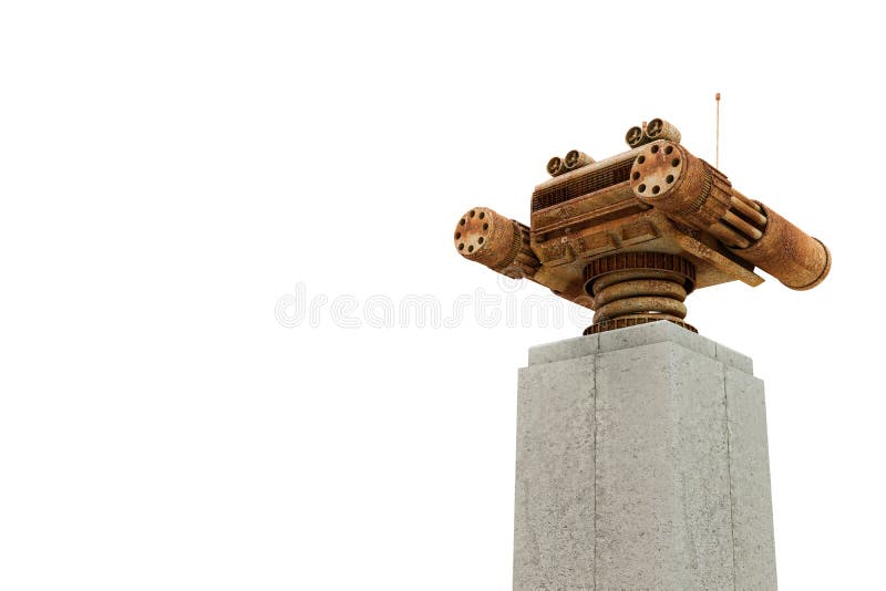 Rusty robot sentinel on white background stock illustration