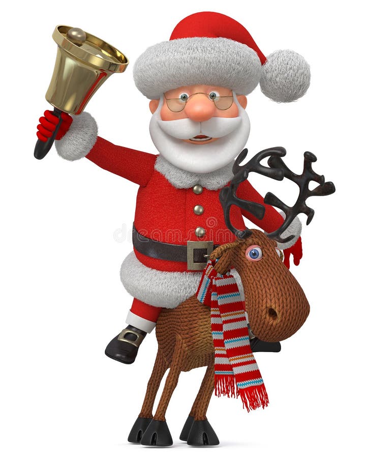 3d Illustration Santa Claus Riding on Reindeer with a Bell Stock ...