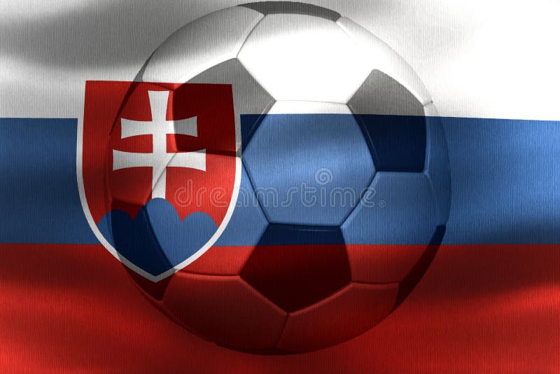 3D ilustrácia vlajky Slovenska s futbalovou loptou pohybujúcou sa vo vetre