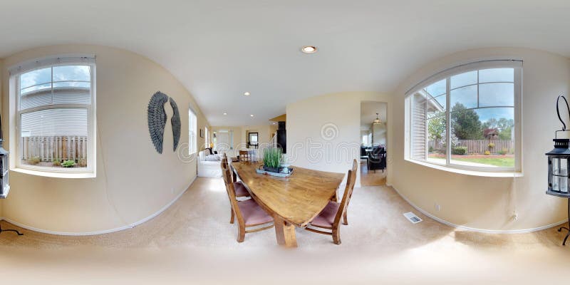 3d illustration spherical 360 degrees, a seamless panorama of Bright open dining area with wooden table and bench. 3d illustration spherical 360 degrees, a seamless panorama of Bright open dining area with wooden table and bench.