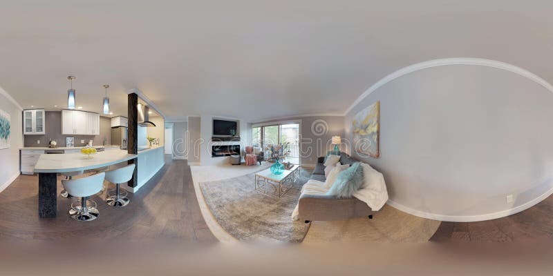 3d illustration spherical 360 degrees, a seamless panorama of living area and white compact kitchen room in modern studio apartment. 3d illustration spherical 360 degrees, a seamless panorama of living area and white compact kitchen room in modern studio apartment.