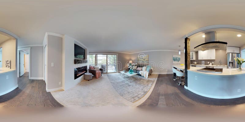 3d illustration spherical 360 degrees, a seamless panorama of living area and white compact kitchen room in modern studio apartment. 3d illustration spherical 360 degrees, a seamless panorama of living area and white compact kitchen room in modern studio apartment.