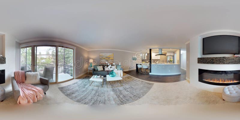 3d illustration spherical 360 degrees, a seamless panorama of living area and white compact kitchen room in modern studio apartment. 3d illustration spherical 360 degrees, a seamless panorama of living area and white compact kitchen room in modern studio apartment.