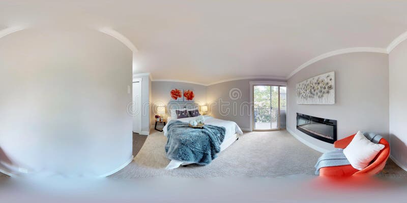 3d illustration spherical 360 degrees, a seamless panorama of luxury bedroom with fireplace in modern apartment. 3d illustration spherical 360 degrees, a seamless panorama of luxury bedroom with fireplace in modern apartment.