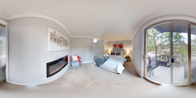 3d illustration spherical 360 degrees, a seamless panorama of luxury bedroom with fireplace in modern apartment. 3d illustration spherical 360 degrees, a seamless panorama of luxury bedroom with fireplace in modern apartment.