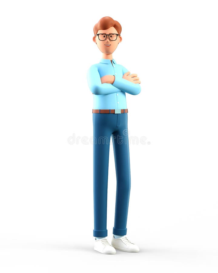 3D illustration of standing man with arms crossed. Portrait of cartoon smiling male character