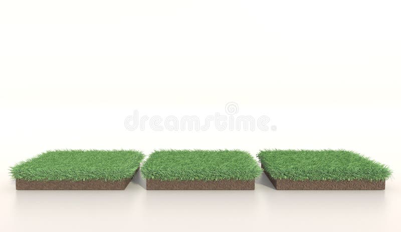3D Illustration of three squares green grass, soil ground, turf. Grass square. Realistic 3D rendering. royalty free illustration