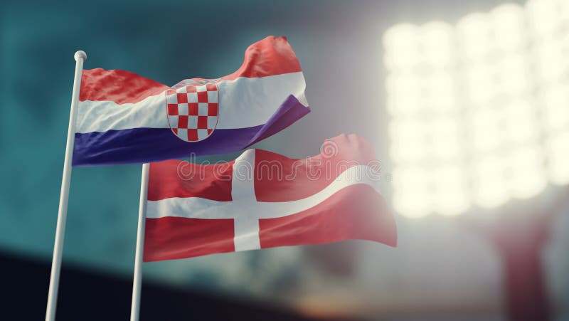 3D Illustration. Two national flags waving on wind. Night stadium. Championship 2018. Soccer. Croatia versus Denmark stock illustration 3D Illustration. Two national flags waving on wind. Night stadium. Championship 2018. Soccer. Croatia versus Denmark stock illustration