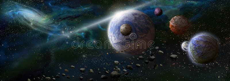 3D illustration view on deep space with terrestrial exoplanets and spiral galaxy