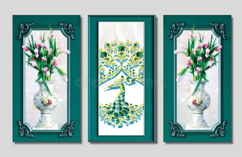 3d illustration for wall frame decor. 3 pieces white vase with flowers and peacock and classic frame stock illustration