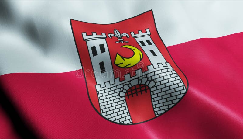 3D Waving Poland City Flag of SÅ‚awa Closeup View stock illustration