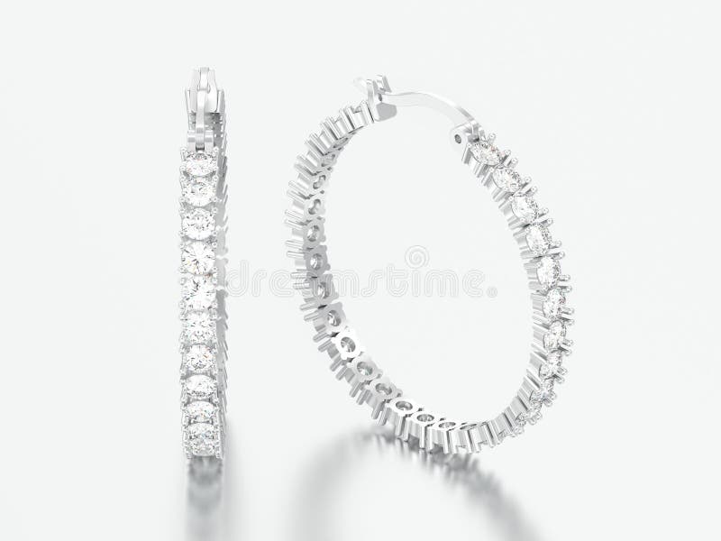 3D illustration white gold or silver decorative diamond earrings